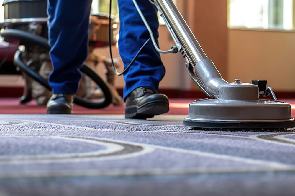 Professionnel qui procède au nettoyage d’un tapis dans un environnement commercial.